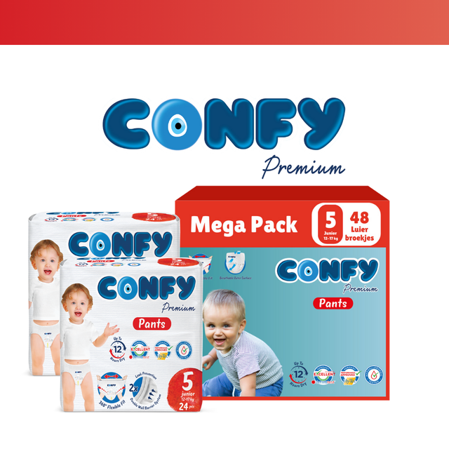 Confy Premium luierbroekjes maat 5, geschikt voor kinderen van 12-17 kg, met ademende materialen en lekvrije barrières.