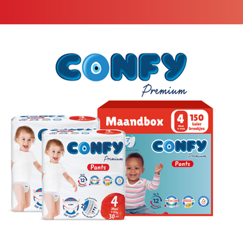 Confy Premium luierbroekjes maat 4, voor kinderen van 9-14 kg, met een superabsorberende kern en flexibele tailleband.