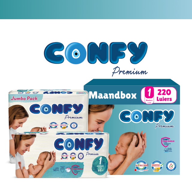 Confy Premium Newborn babyluiers maat 1, ontworpen voor pasgeborenen van 2-5 kg, met zachte en huidvriendelijke materialen voor ultiem comfort.