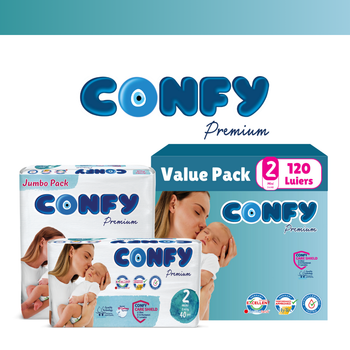 Confy Premium babyluiers maat 2, geschikt voor baby's van 3-6 kg, met huidvriendelijke materialen en betrouwbare lekbescherming.