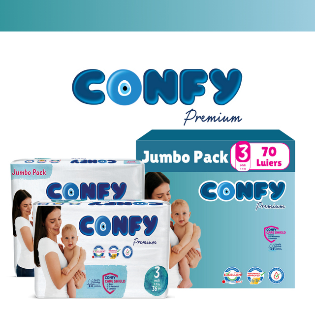 Confy Premium babyluiers maat 3, ontworpen voor baby's van 4-9 kg, met flexibele zijkanten en optimale droogheid.