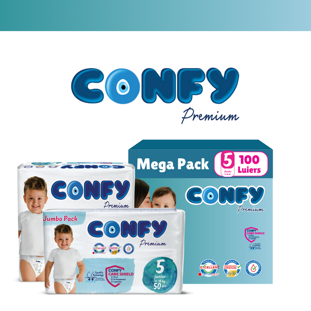 Confy Premium babyluiers maat 5, geschikt voor kinderen van 11-25 kg, met ademende materialen en lekvrije randen.