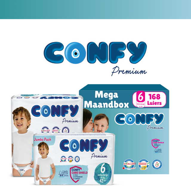 Confy Premium babyluiers maat 6, ontworpen voor kinderen vanaf 15+ kg, met flexibele pasvorm en langdurige droogheid.