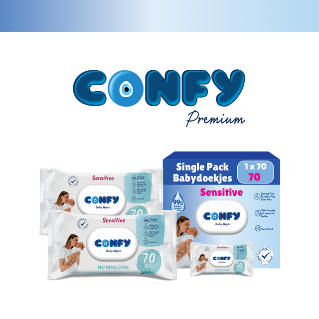 Confy Sensitive Babydoekjes 70 verpakking, huidvriendelijk en hypoallergeen, ontworpen voor milde en effectieve reiniging van baby's huid.