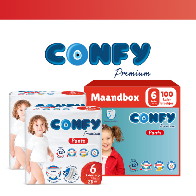 Confy Premium luierbroekjes maat 6, ontworpen voor kinderen vanaf 15+ kg, met flexibele pasvorm en langdurige droogheid.