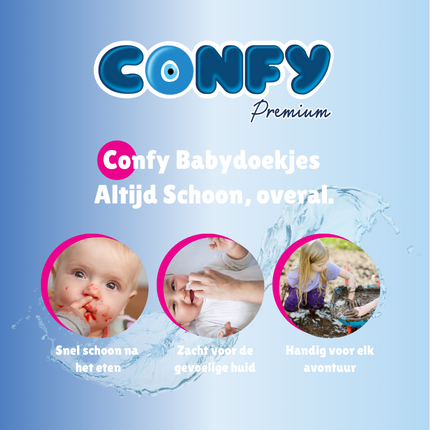 Confy Sensitive Babydoekjes, perfect voor gezicht, handen en billen, zowel thuis als onderweg voor dagelijks gebruik.