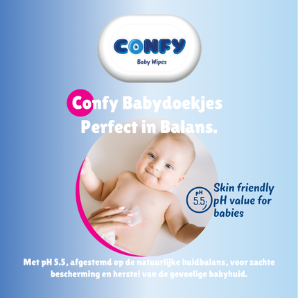 Confy Sensitive Babydoekjes met pH 5.5, afgestemd op de natuurlijke huidbalans voor milde verzorging en bescherming.