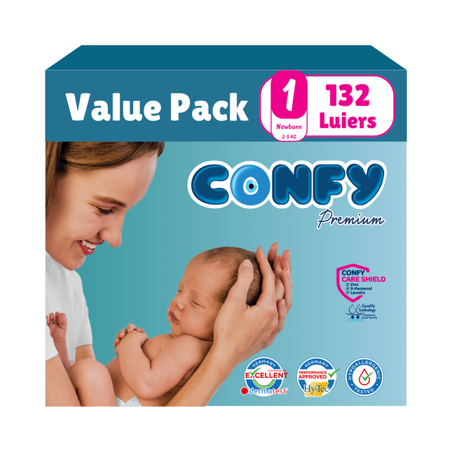 Confy Premium Jumbo Pack met 80 luiers, afgebeeld op een witte achtergrond, ontworpen voor comfort, duurzaamheid en de gevoelige babyhuid.