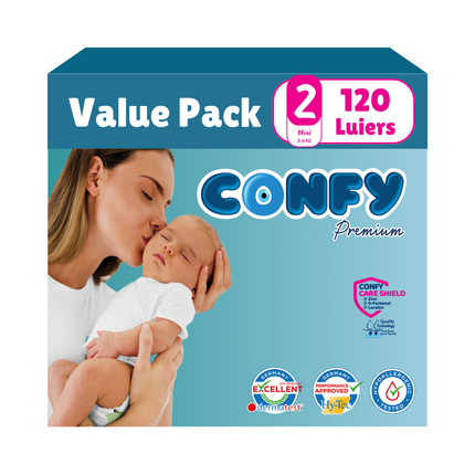 Confy Premium Value Pack met 120 luiers, afgebeeld op een witte achtergrond, ontworpen voor comfort, duurzaamheid en de gevoelige babyhuid.