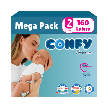 Confy Premium Mega Pack van 160 luiers, afgebeeld op een witte achtergrond, ontworpen voor comfort, duurzaamheid en de gevoelige babyhuid.
