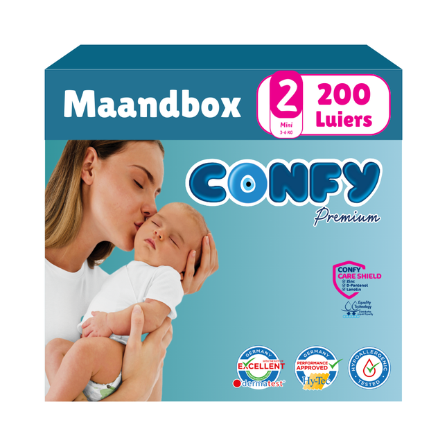 Confy Premium Maandbox met 200 luiers, afgebeeld op een witte achtergrond, ontworpen voor comfort, duurzaamheid en de gevoelige babyhuid.