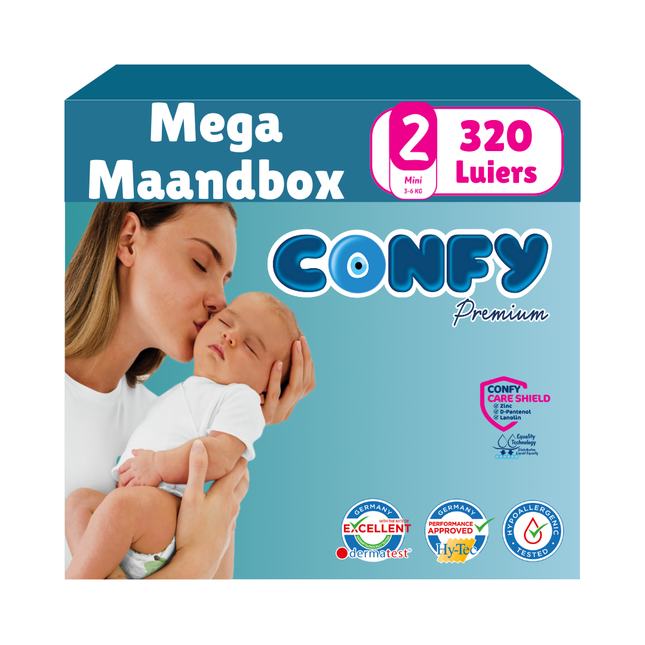 Confy Premium Mega Maandbox met 320 luiers, afgebeeld op een witte achtergrond, ontworpen voor comfort, duurzaamheid en de gevoelige babyhuid.