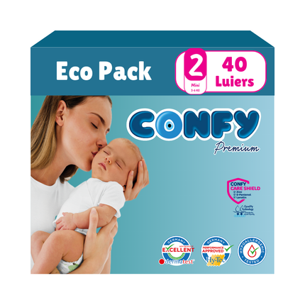 Confy Premium Eco Pack met 40 luiers, afgebeeld op een witte achtergrond, ontworpen voor comfort, duurzaamheid en de gevoelige babyhuid.