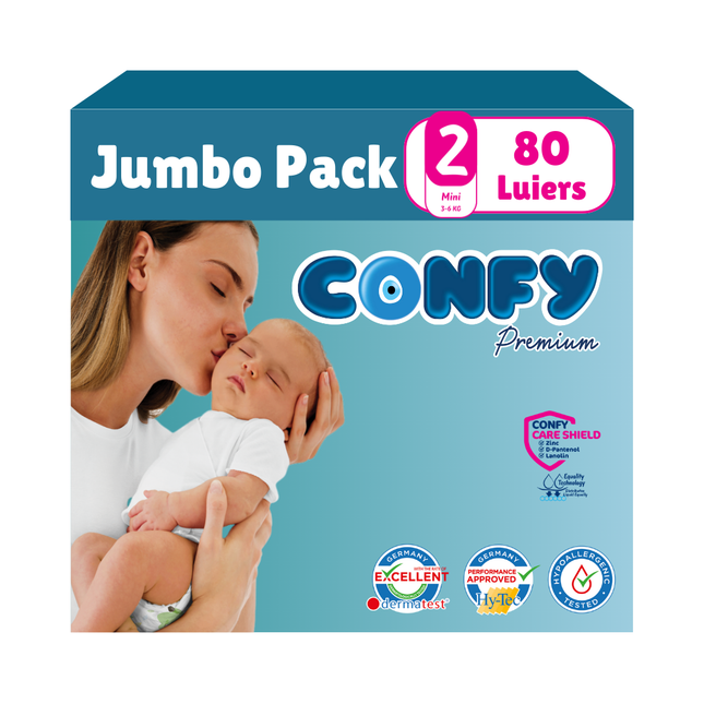 Confy Premium Jumbo Pack met 80 luiers, afgebeeld op een witte achtergrond, ontworpen voor comfort, duurzaamheid en de gevoelige babyhuid.