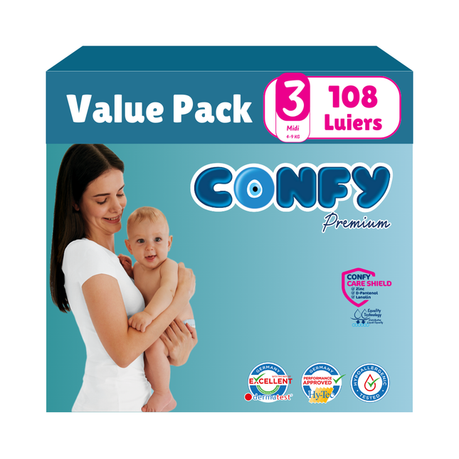 Confy Premium Value Pack met 108 luiers, afgebeeld op een witte achtergrond, ontworpen voor comfort, duurzaamheid en de gevoelige babyhuid.