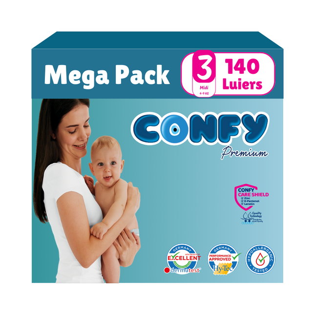 Confy Premium Mega Pack met 140 luiers, afgebeeld op een witte achtergrond, ontworpen voor comfort, duurzaamheid en de gevoelige babyhuid.