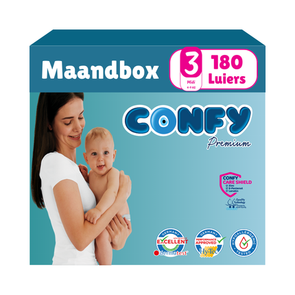 Confy Premium Maandbox met 180 luiers, afgebeeld op een witte achtergrond, ontworpen voor comfort, duurzaamheid en de gevoelige babyhuid.