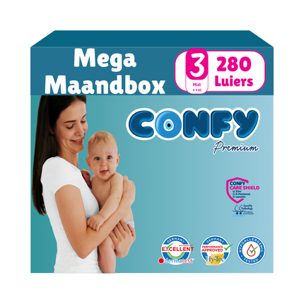 Confy Premium Mega Maandbox met 280 luiers, afgebeeld op een witte achtergrond, ontworpen voor comfort, duurzaamheid en de gevoelige babyhuid.