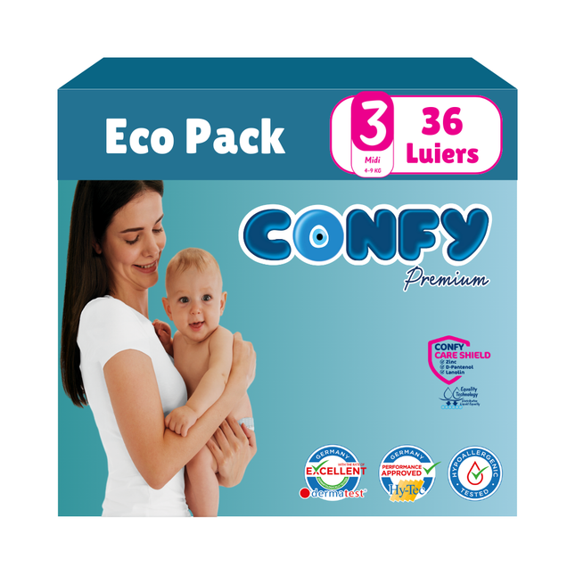 Confy Premium Eco Pack met 36 luiers, afgebeeld op een witte achtergrond, ontworpen voor comfort, duurzaamheid en de gevoelige babyhuid.