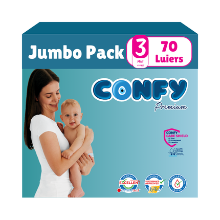 Confy Premium Jumbo Pack met 70 luiers, afgebeeld op een witte achtergrond, ontworpen voor comfort, duurzaamheid en de gevoelige babyhuid.