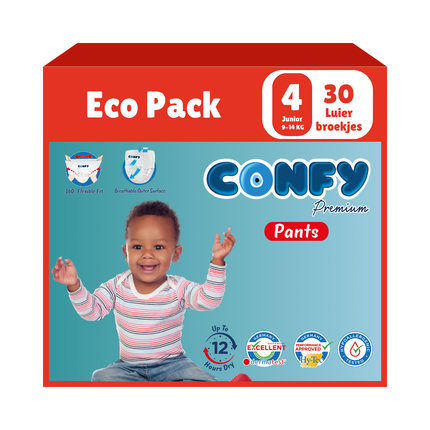 Confy Premium luierbroekjes maat 4, verkrijgbaar in Eco Pack, Mega Pack en Maandbox, met superabsorberende kern en comfortabele pasvorm.