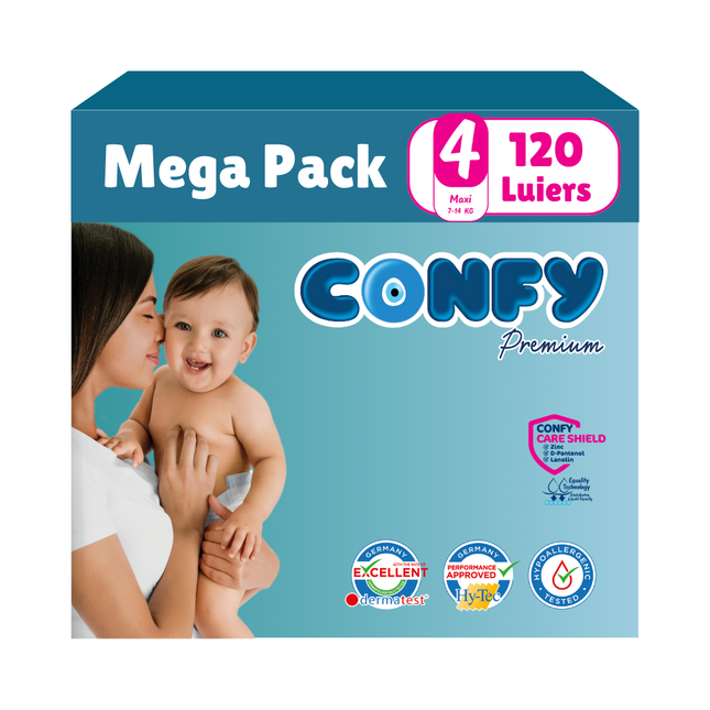 Confy Premium Mega Pack met 120 luiers, afgebeeld op een witte achtergrond, ontworpen voor comfort, duurzaamheid en de gevoelige babyhuid.