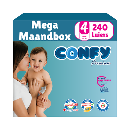 Confy Premium Mega Maandbox met 240 luiers, afgebeeld op een witte achtergrond, ontworpen voor comfort, duurzaamheid en de gevoelige babyhuid.