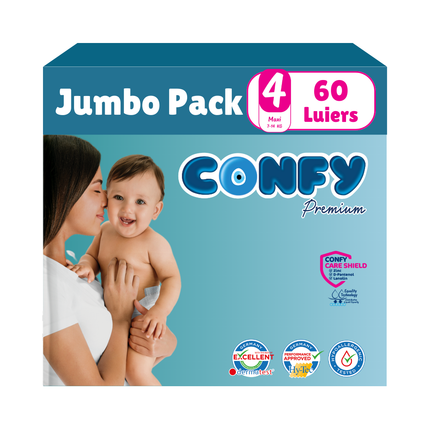 Confy Premium Jumbo Pack met 60 luiers, afgebeeld op een witte achtergrond, ontworpen voor comfort, duurzaamheid en de gevoelige babyhuid.