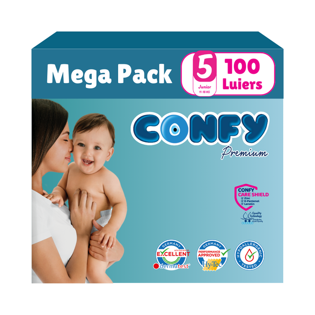 Confy Premium Mega Pack met 100 luiers, afgebeeld op een witte achtergrond, ontworpen voor comfort, duurzaamheid en de gevoelige babyhuid.