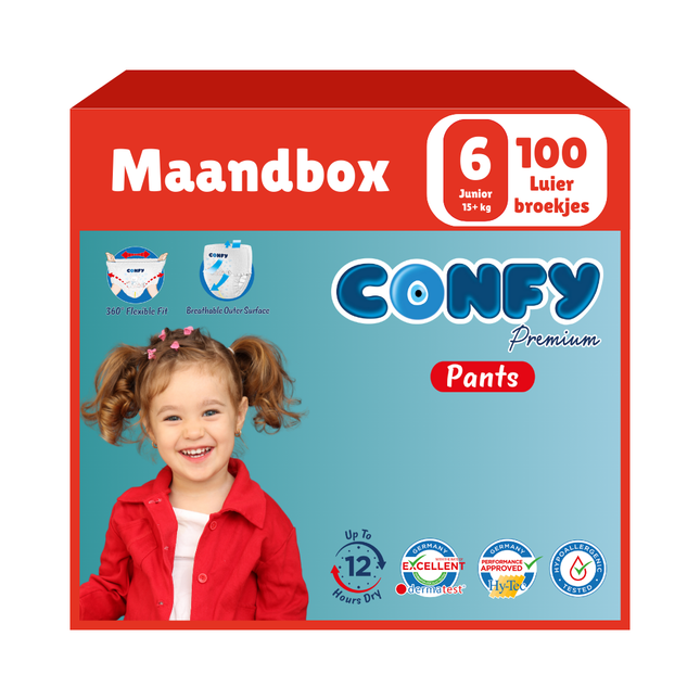 Confy Premium Pants Luierbroekjes Maandbox 100 luierbroekjes Voorkant witte achtergrond verzend
