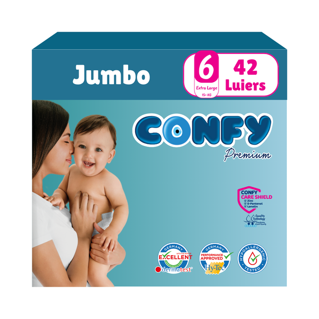 Confy Premium Jumbo Pack met 42 luiers, afgebeeld op een witte achtergrond, ontworpen voor comfort, duurzaamheid en de gevoelige babyhuid.