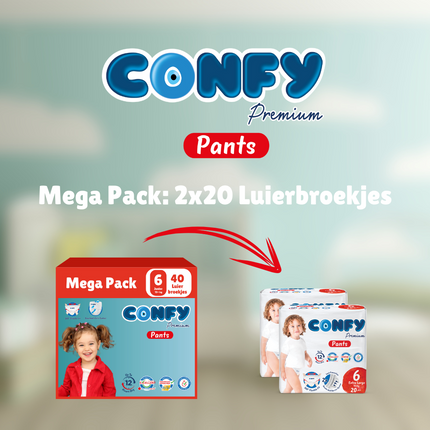 Confy Premium Pants Mega Pack 40 luierbroekjes maat 6 groene achterkant verpakking verzenddoos groene achterkant