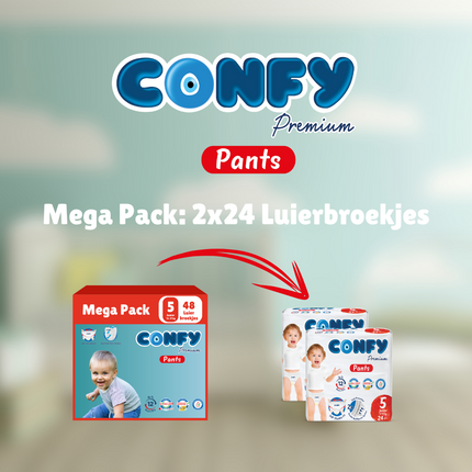 Confy Premium Pants luierbroekjes groene achtergrond verpakking verzenddoos 48 luierbroekjes