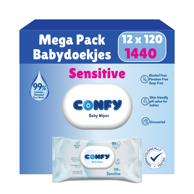 Confy Sensitive Babydoekjes verpakking 12x120, met hypoallergene formule en pH 5.5 voor milde reiniging van de gevoelige huid.