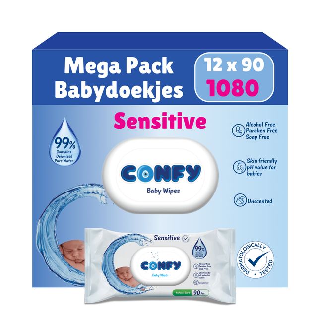 Confy Sensitive Babydoekjes verpakking 12x90, met hypoallergene formule en pH 5.5 voor milde reiniging van de gevoelige huid.