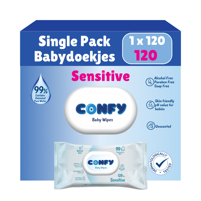 Confy Sensitive Babydoekjes verpakking 1x120, met hypoallergene formule en pH 5.5 voor milde reiniging van de gevoelige huid.