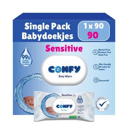 Confy Sensitive Babydoekjes verpakking 1x90, met hypoallergene formule en pH 5.5 voor milde reiniging van de gevoelige huid.