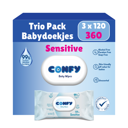 Confy Sensitive Babydoekjes verpakking 3x120, met hypoallergene formule en pH 5.5 voor milde reiniging van de gevoelige huid.