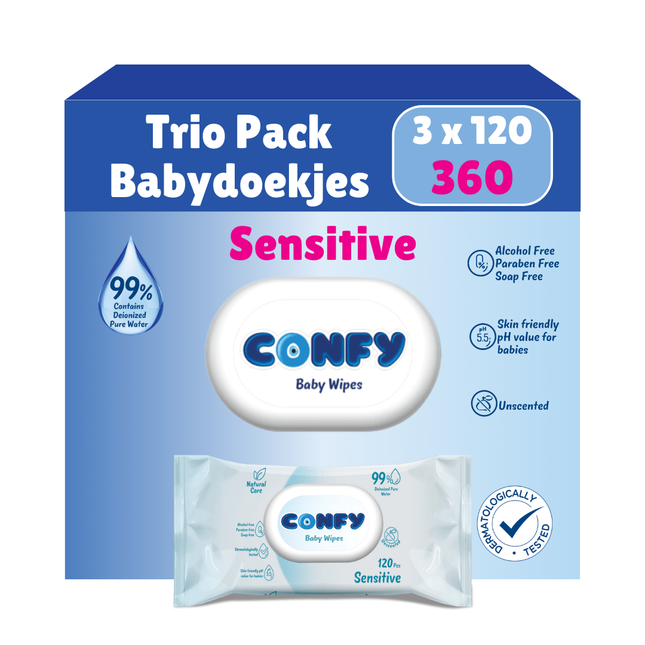 Confy Sensitive Babydoekjes verpakking 3x120, met hypoallergene formule en pH 5.5 voor milde reiniging van de gevoelige huid.