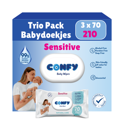 Confy Sensitive Babydoekjes verpakking 3x70, met hypoallergene formule en pH 5.5 voor milde reiniging van de gevoelige huid.