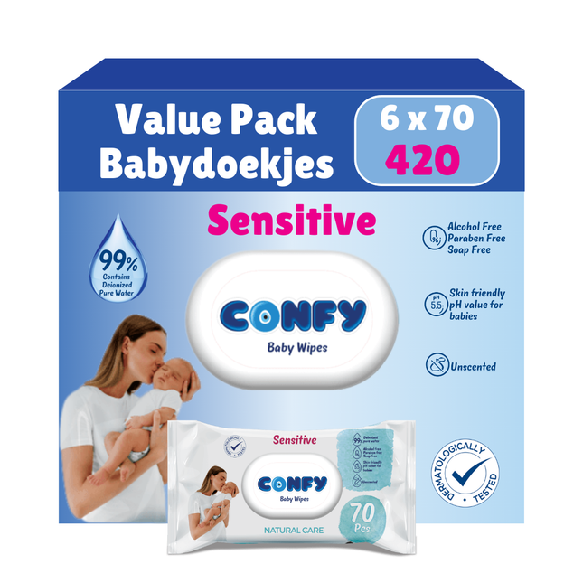 Confy Sensitive Babydoekjes verpakking 6x70, met hypoallergene formule en pH 5.5 voor milde reiniging van de gevoelige huid.