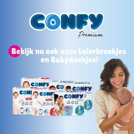 Confy Premium babyluiers en luierbroekjes, samen met Sensitive Babydoekjes voor complete huidverzorging en bescherming.