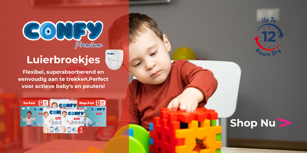 Donker blauwe en kleurtjes achtergrond baby rode trui spelen luierbroekjes banner shop nu