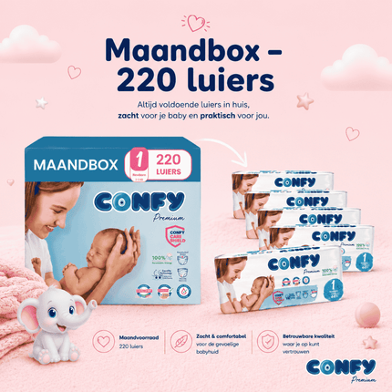 Confy Premium maat 1, Maandbox met 220 babyluiers voor 2-5kg