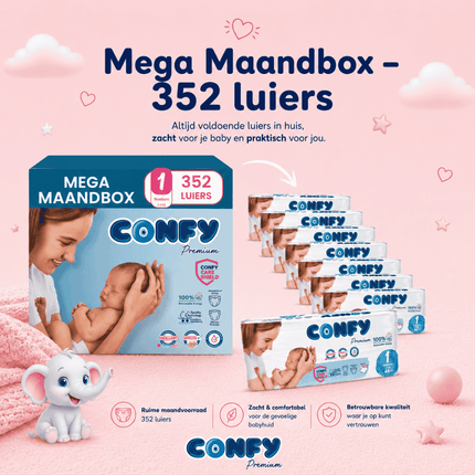 Confy Premium maat 1, Mega Maandbox met 352 babyluiers voor 2-5kg