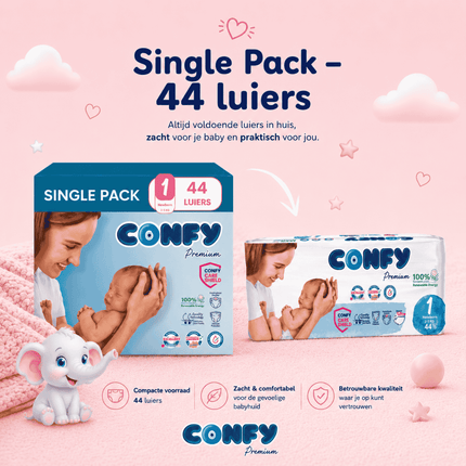 Confy Premium maat 1, Single Pack met 44 babyluiers voor 2-5kg