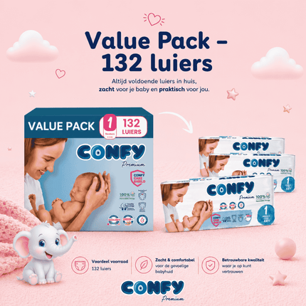 Confy Premium maat 1 Value Pack met 132 babyluiers voor 2-5kg