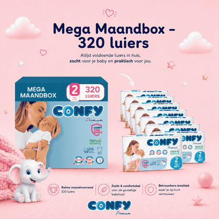 Confy Premium maat 2, Mega Maandbox met 320 babyluiers voor 3-6kg