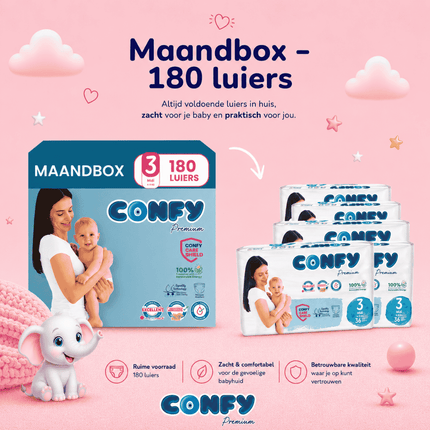 Confy Premium maat 3, Maandbox met 180 babyluiers voor 3-9kg