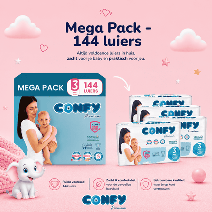Confy Premium maat 3, Mega Pack met 144 babyluiers voor 3-9kg